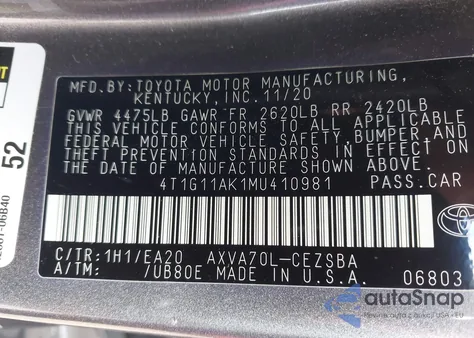 2021 Toyota Camry Se from USA, damaged, VIN 4T1G11AK1MU410981